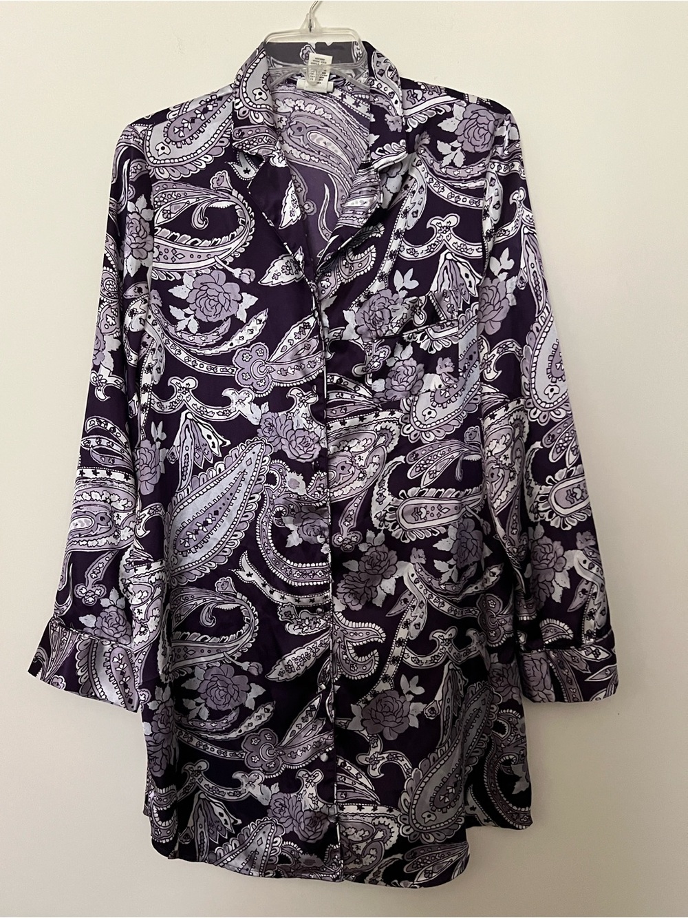 Kim Rogers Pretty Lilac Paisley Satin Button-Front Long Sleeve Night Shirt - Picture 1 of 6